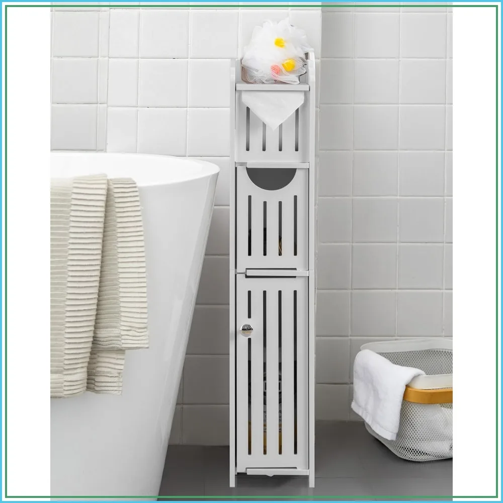 

Small Bathroom Storage Cabinet with Toilet Paper Holder Fit for Mega Roll, White