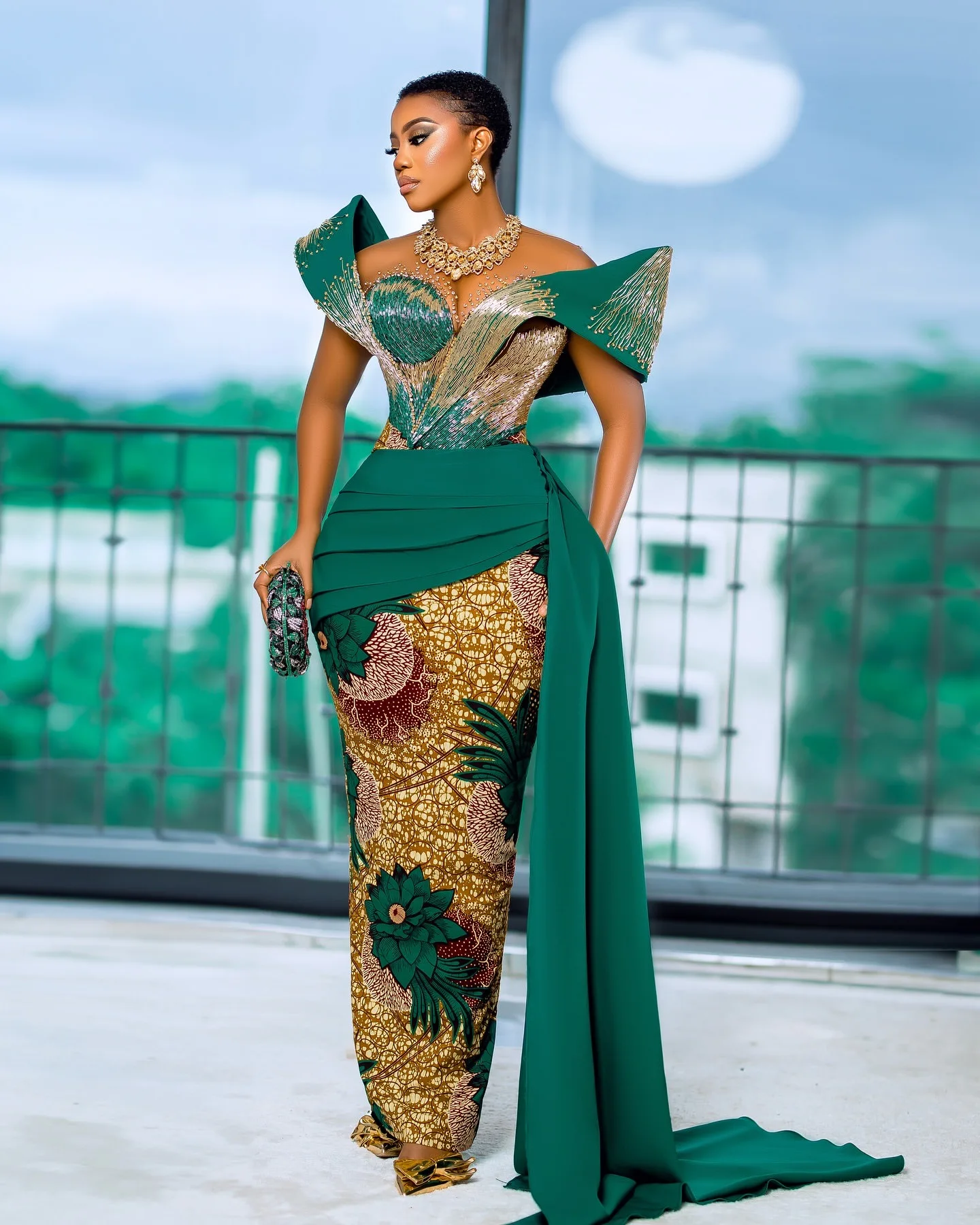 Hunter africano verde recto 2025 vestidos de fiesta impreso con cuentas cuello transparente noche Formal fiesta cumpleaños vestidos ZJ1782