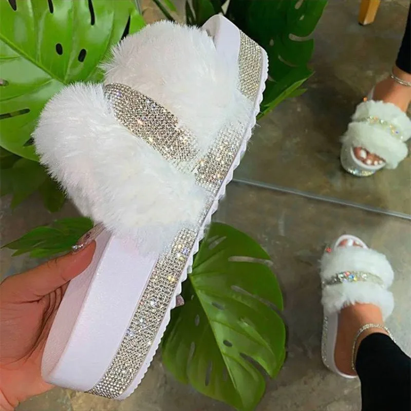 

Women Fur Rhinestone Slippers Platform Wedges Without Heel Fluffy Furry Slides Outdoor Comfortable Female Slipper Chanclas Mujer