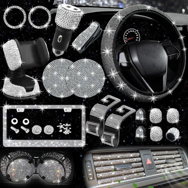 Car Rhinestone Decor Kit Non‑Inner‑Ring Elastic Anti‑Slip Steering Wheel Cover US License Plate Frame
