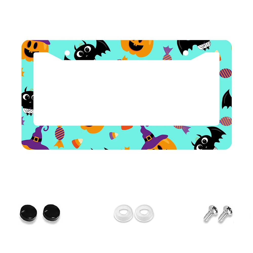 

1pc Halloween Pumpkin Bat Witch Hat Pattern 2-Hole License Plate Frame, Blue Color, Aluminum Material, 6x12 Inches, with Screw