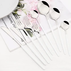 6Pcs White Silver Cutlery Set Stainless Steel Dinnerware Tableware Dessert Knife Forks Long Handle Spoon Coffee Spoons Flatware