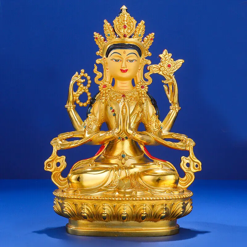 

8" Handpainted Bronze/Gilt Golden Buddha statue Chenrezig Four-armed Kwan-yin