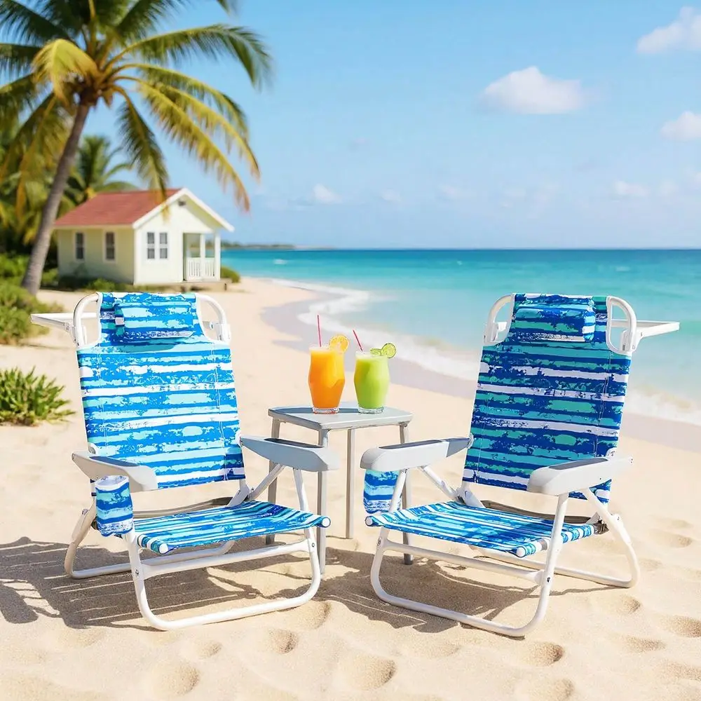 

2 Pack Folding Beach Chair Lightweight Lay Flat Lounge Chair With Head Pillow Blue Green