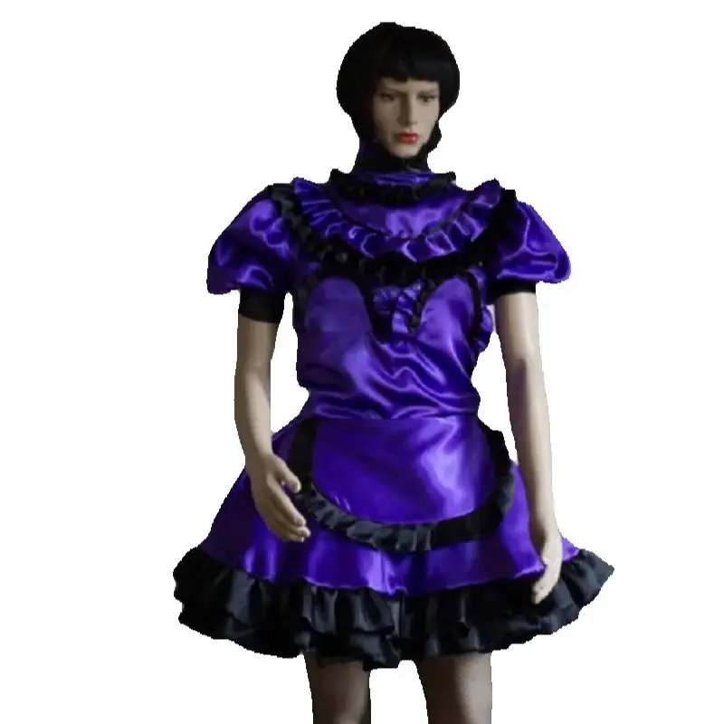 

New Hot Selling Sissy Adult Giant Baby Doll Purple Satin Waist Corset High Collar Apron Maid Dress Customization