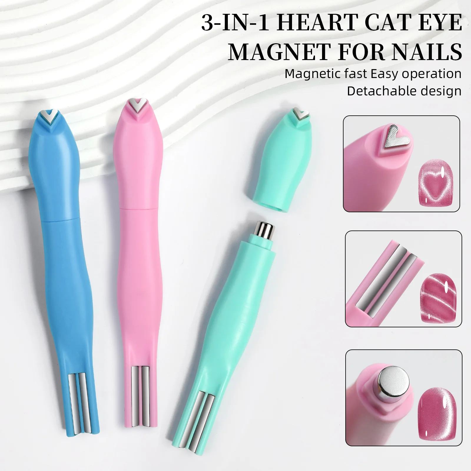 Aimant à ongles en forme de cœur 3-en-1 - Outil magnétique interchangeable effet œil de chat aurore pour la conception d'art d'ongles en gel, forte force magnétique