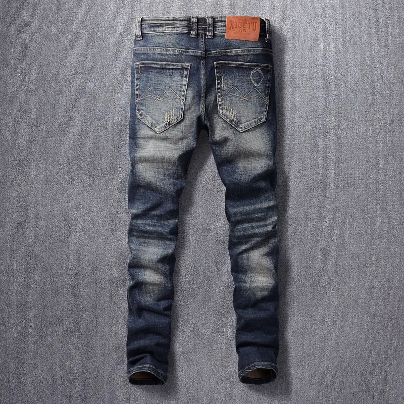 Fashion Vintage Men Jeans High Quality Retro Washed Blue Slim Fit Ripped Jeans Men Trousers Italian Style Designer Denim Pants