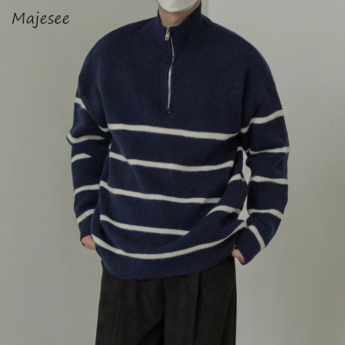 

3 Colors Striped Sweaters Men Chic Korean Style Autumn Loose Fashion Cozy Mock Neck Design Vintage Couples High Street Knitwear