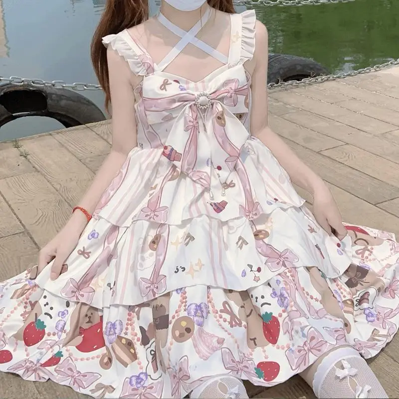 

Summer Sweet Lolita Princess Dress Women Cute Bow Cartoon Japanese Kawaii Ruffles Cosplay Party Tiered Vestidos