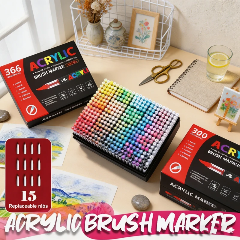 12-366 Colors Acrylic Markers Set, Soft Brush Tip Pens for Drawing, Anime, Painting & DIY Stone Glass Wood Art Gifts