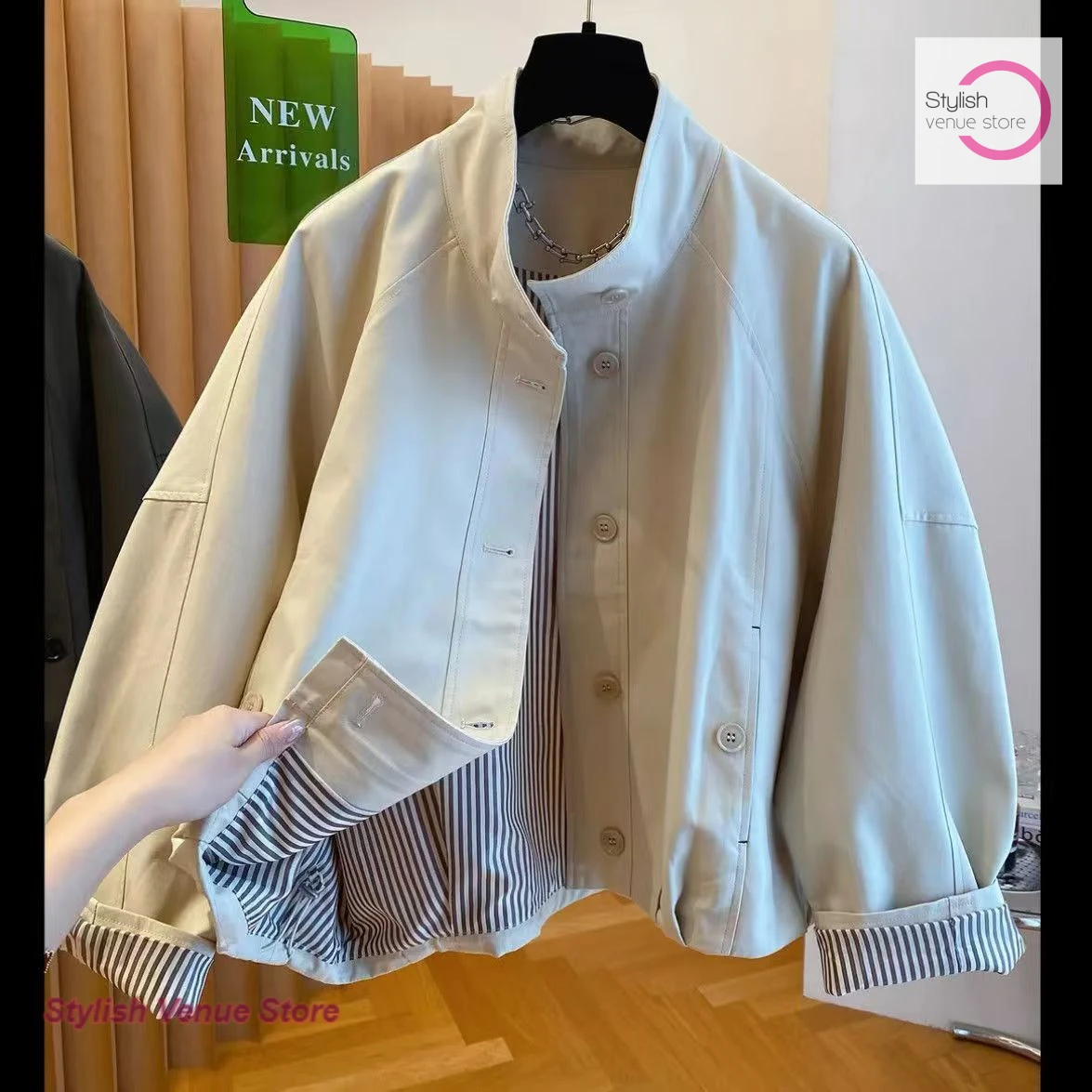 Korean Stand-up Collar Color Contrast Tooling Jacket Women's Spring and Autumn New High-Grade Casual Popular Casual Jacket Top