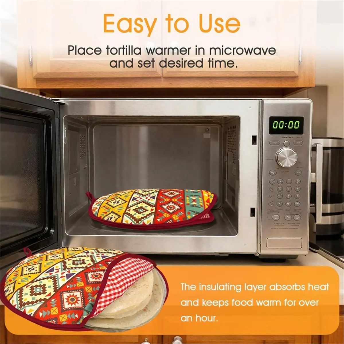AA14 2 Pack 12 Inch Large Tortilla Warmers Insulated Microwaveable Fabric Pouch Keeps Tacos, , Pizza Tortillas Warm