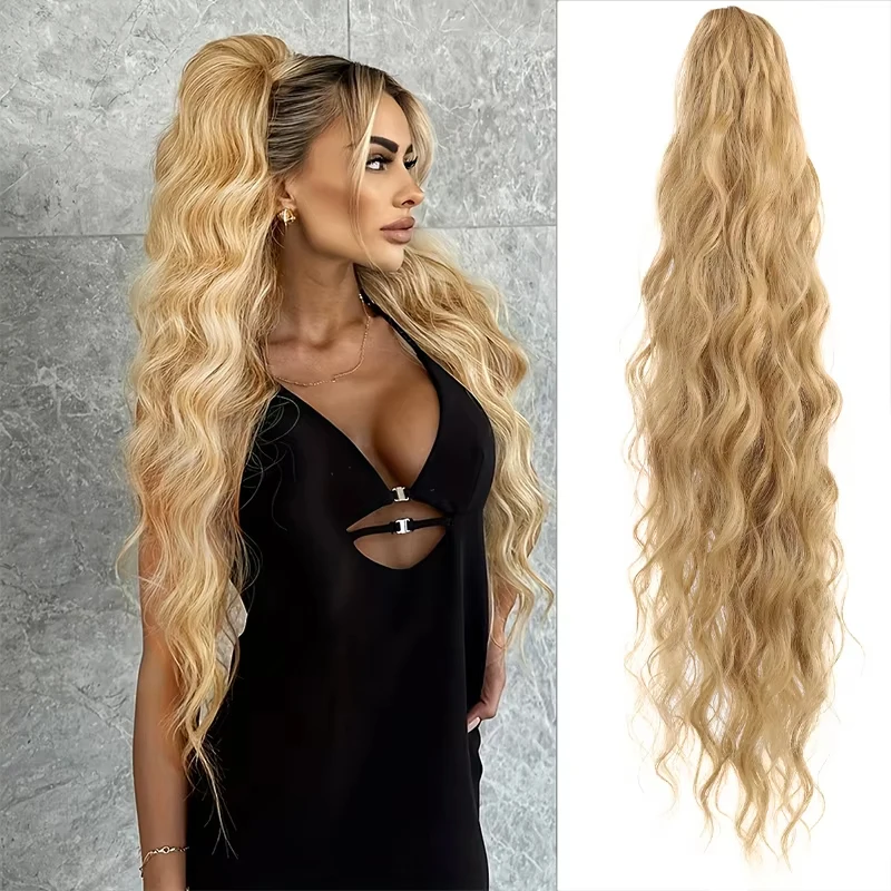 AOOSOO Synthetic Water Ponytail Hair Extension Clip On Woman's Ponytail Hair Accessories Long Curly Wig Natural Curly Black