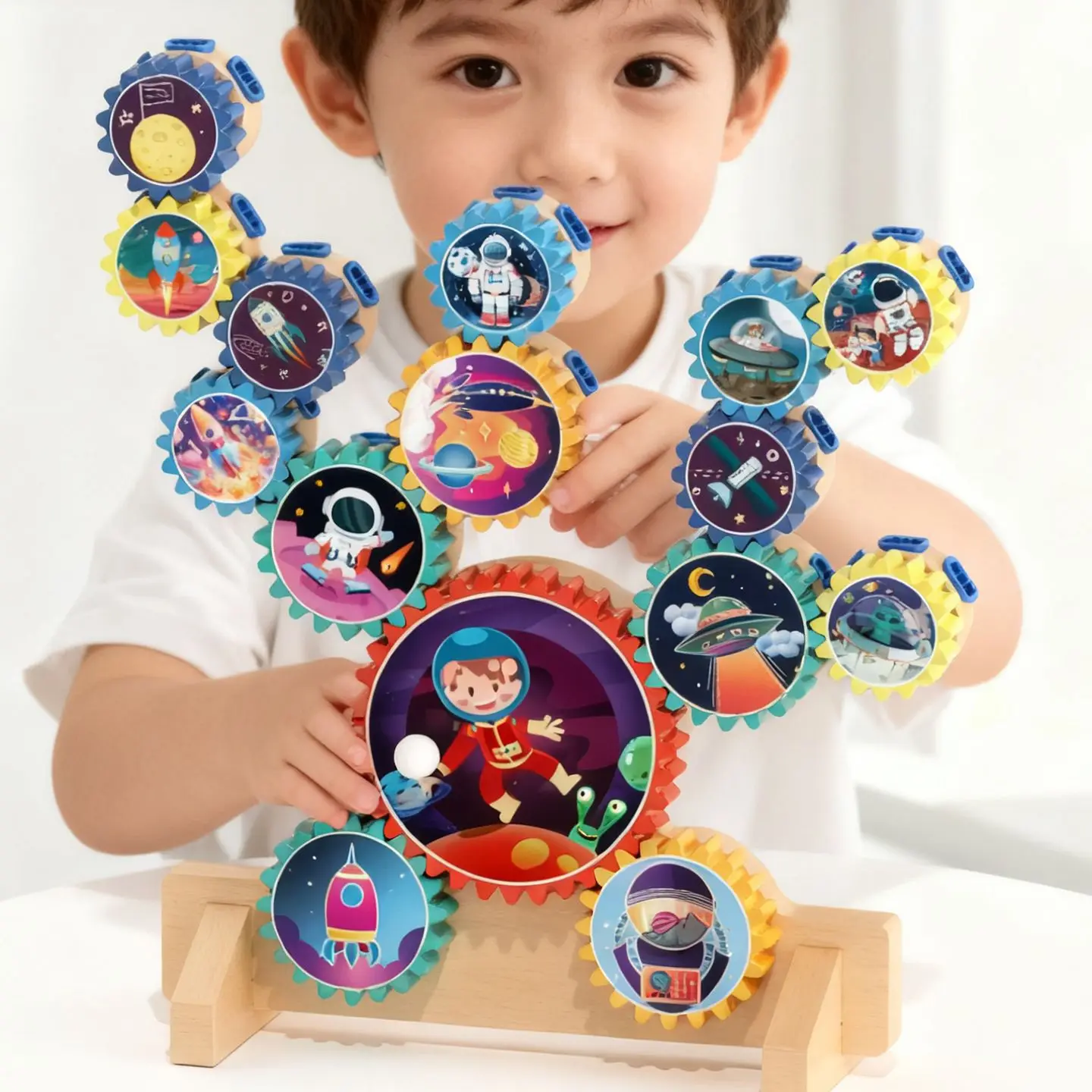 ของเล่นเกียร์หมุน DIY - ชุดบล็อกสร้างสรรค์ธีมอวกาศ ชุดเกียร์เชื่อมต่อสำหรับเด็ก ของเล่นปริศนาประกอบหมุนได้เพื่อการศึกษา