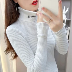 Turtleneck Letter Pullover Sweater Women Coat Top New Spring Autumn Basic Bottoming Sweater Slim High Elastic Sweater Inside