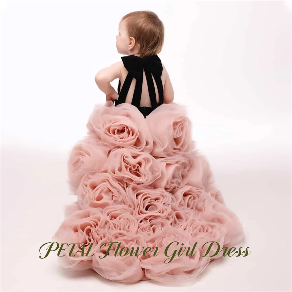 Petal Back Large Bow Flower Girl Dress Long Train Baby Kids Birthday Dress Back and Pink Pageant Dress for Girl Customized