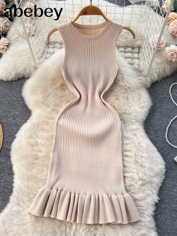 Summer Knitted Bodycon Sexy Dress 2023 O Neck Sleeveless Ruffled Party Sundress High Street Elastic Slim Short Dress