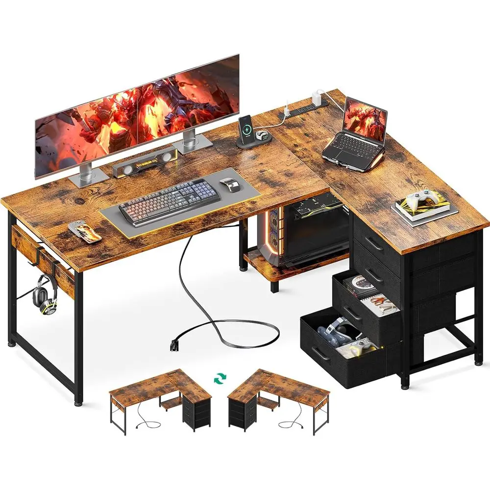 

Угловой компьютерный стол с 4 выдвижными ящиками, 53 портами USB и питанием, реверсивный, с подставкой для системного блока, на заказ