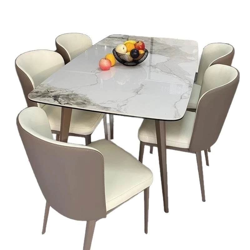 

household small apartment simple rectangular dining table and chair combination light luxury steel leg rock slab dining table