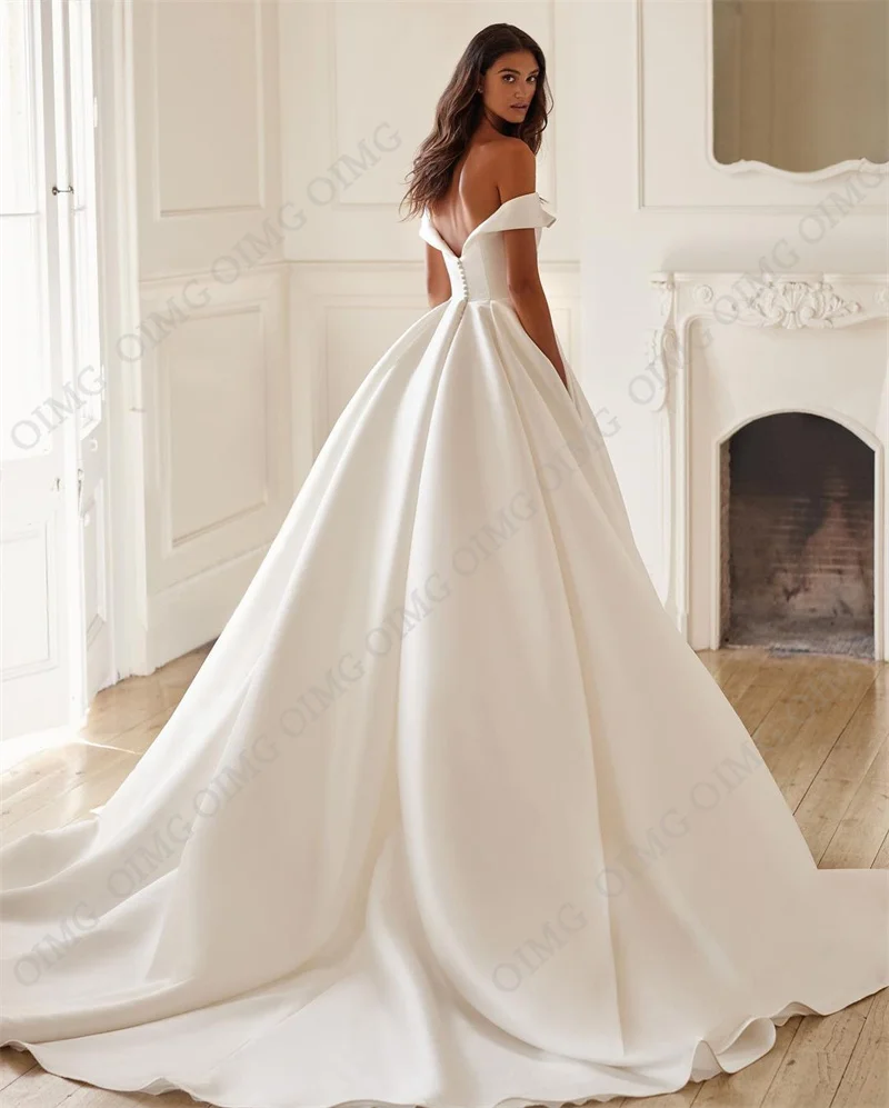 OIMG elegante una linea di abiti da sposa lunghi formali in raso con spalle scoperte abiti da sposa da principessa Vintage da sposa Vestidos