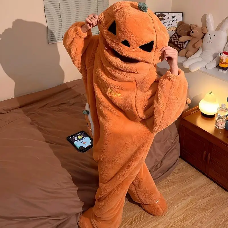 Halloween Pumpkin Pajamas Onesie Coral Fleece Thickened Warm Sleepwear Autumn Winter Couple Home Wear Funny Sleepwear