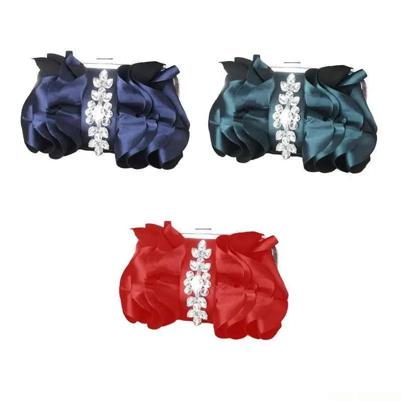 

X90D Pleated Silk Evening Bag Chain Handbag Crystal Crossbody Bags Prom Purse