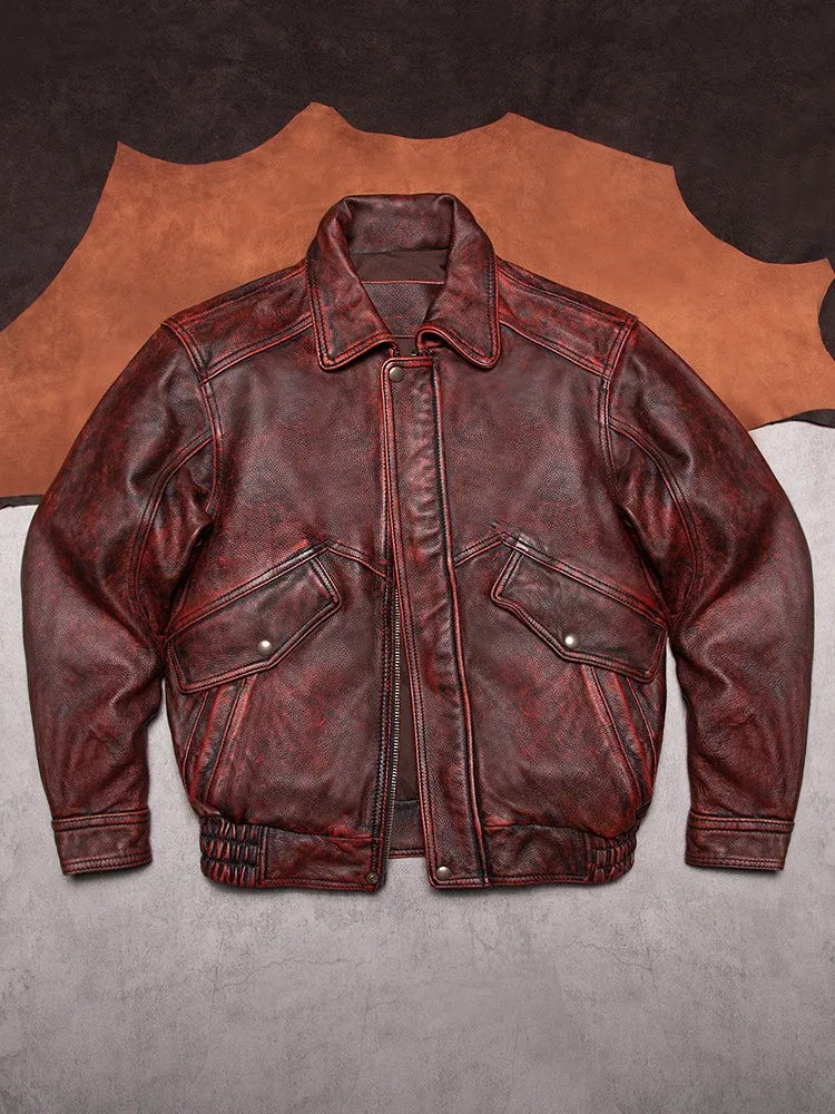 Autumn Winter Male Turn Down Collar Zipper Genuine Leather Jacket Multi Pockets Slim Fit Streetwear Punk Motorcycle Cargo Coat