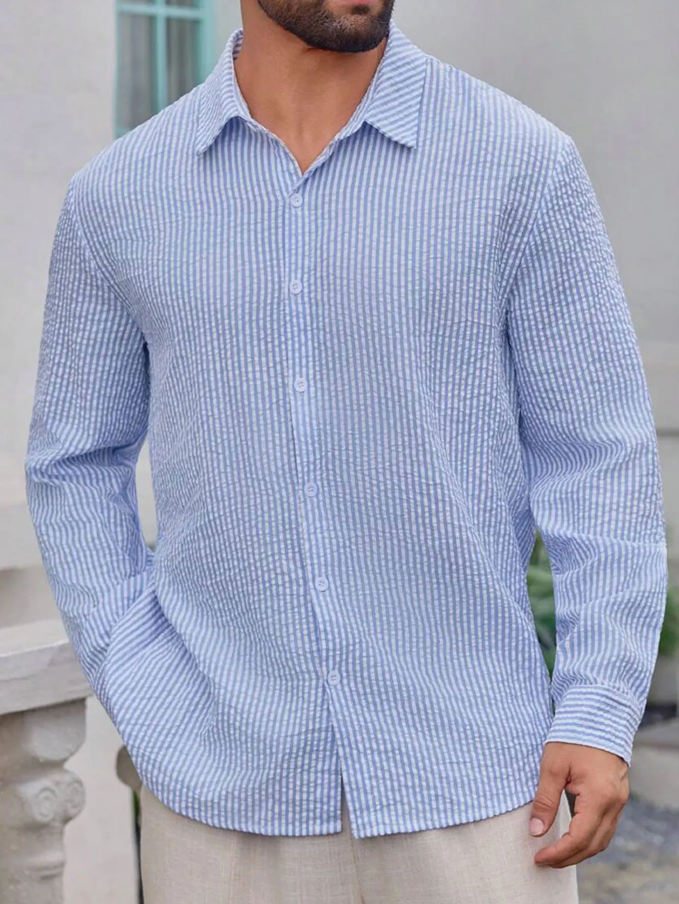 Herren Langarm-Streifenhemd mit Lockerem Schnitt Stilvolle Bequeme Freizeitkleidung für Alle Jahreszeiten Ideal für Outdoor-Aktivitäten – Detail 4