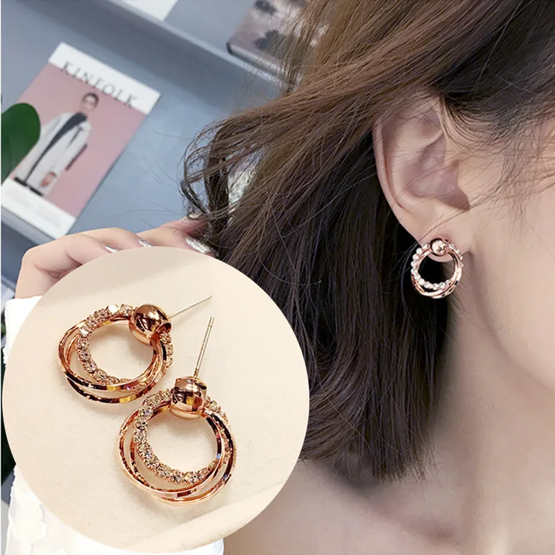 2024 New Fashion Crystal Earrings Rose Gold Color Geometric Round Circle Stud Earrings Gift For Women Girl Party Jewelry