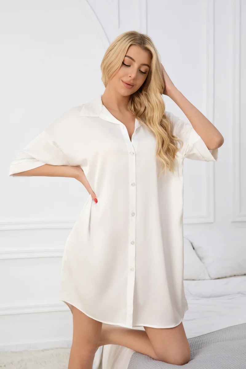 فستان نوم نسائي أنيق من الساتان، نمط قصير فضفاض ومثير، مع شعار رومانسي على الأمام، ملابس نوم ناعمة وجيدة التهوية #6