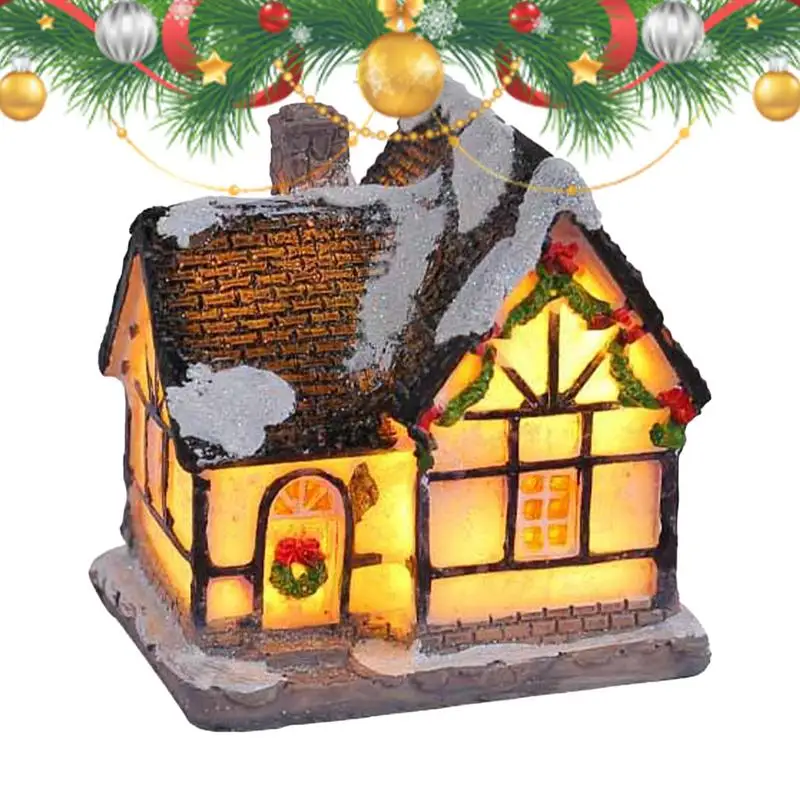 Christmas Lighted House LED Lighted Mini Resin Cottage Figure Christmas Decorations Seasonal Electric Figures For Fireplace