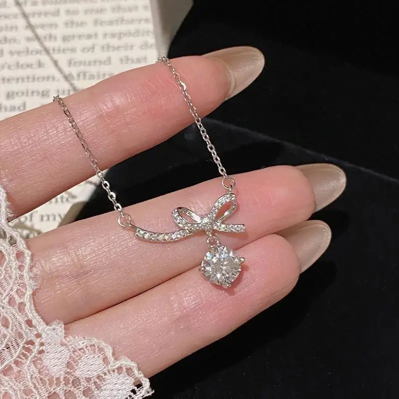 Sweet Girly Bow Necklace Silver Pendant Necklace With Sparkling For Daily Wear Date Birthday Gifts