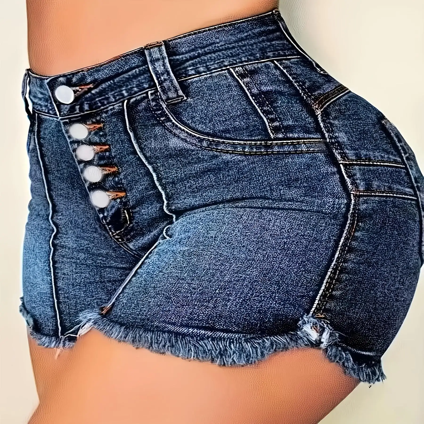 

Distressed Denim Shorts Men's Ripped Jeans Short Pants Sea Blue Five-Quarter Length Elastic Fiber Material Spring Season