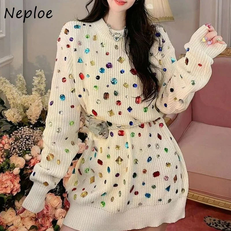 Neploe Autumn O Neck Solid Color Long Sleeve Pull Femme Vintage Knitted Pullover Sweater Y2k Diamonds Loose Casual Jumpers