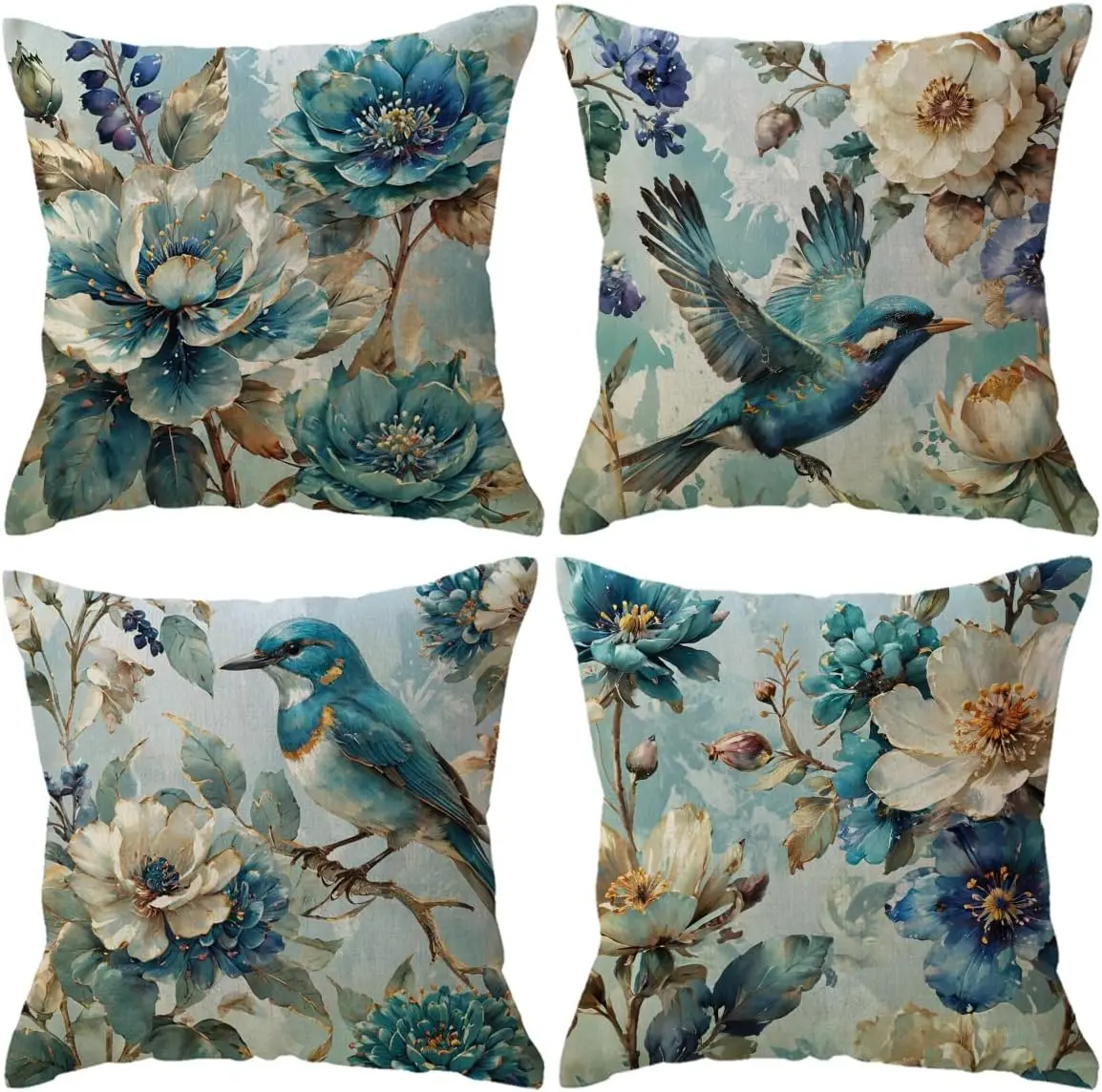 Beautiful Elegant Four Piece Floral Print Pillow Covers Set Botanical Blue Watercolor Bird Design Polyester Decorative Throw Cus