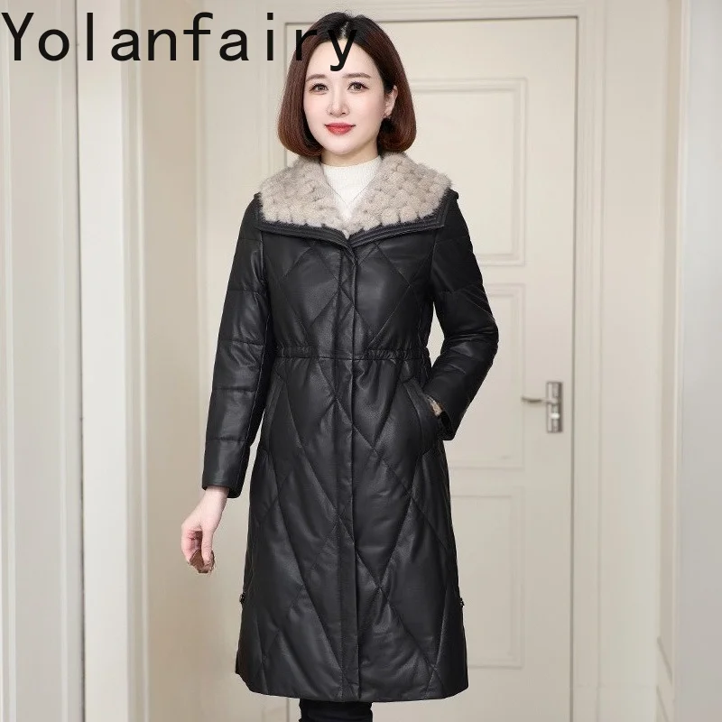 YOLANFAIRY Real Sheepskin Coats Woman Mink Fur Collar Mid Length Coat Square-cut Collar Slim Jackets Winter New Manteau De Femme