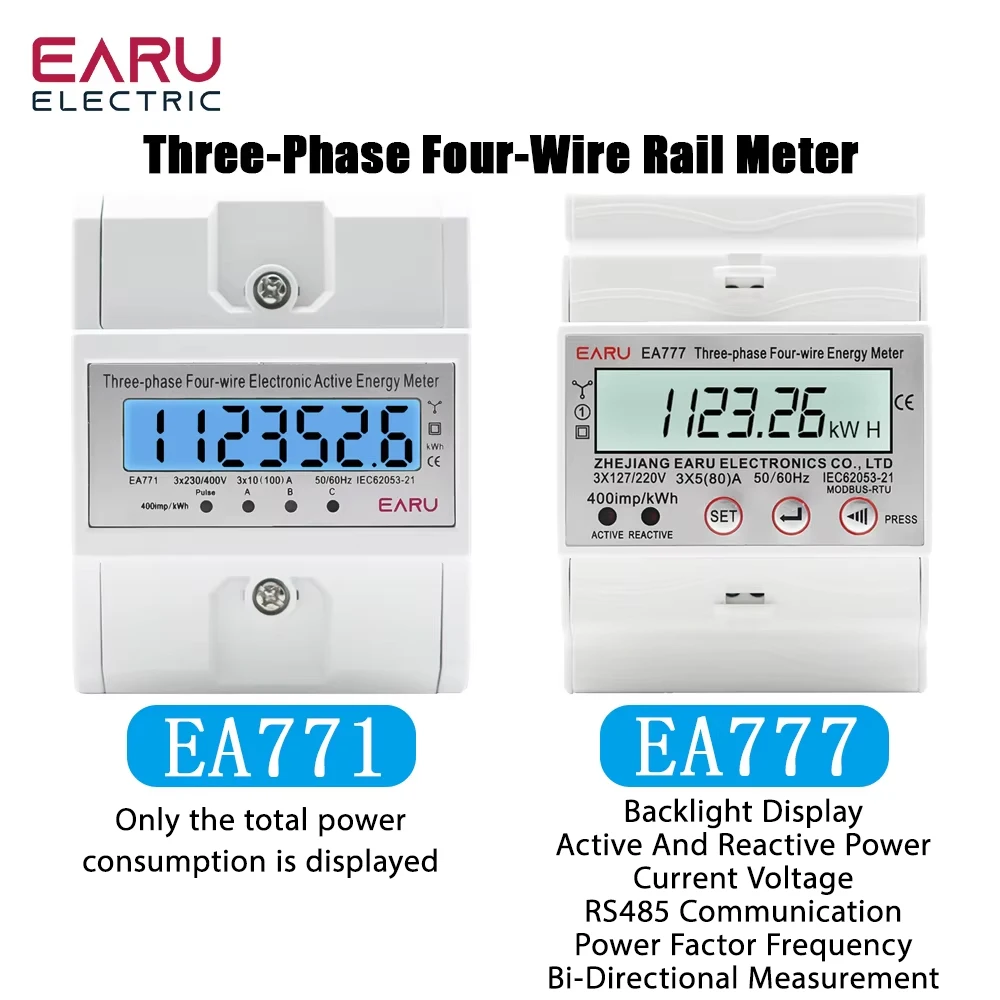 4P 3 Phase 4 Wires BI-Direction Measuring Energy Meter Electricity Usage Meter Din Rail AC 3*230/400V LCD Multifunction Display