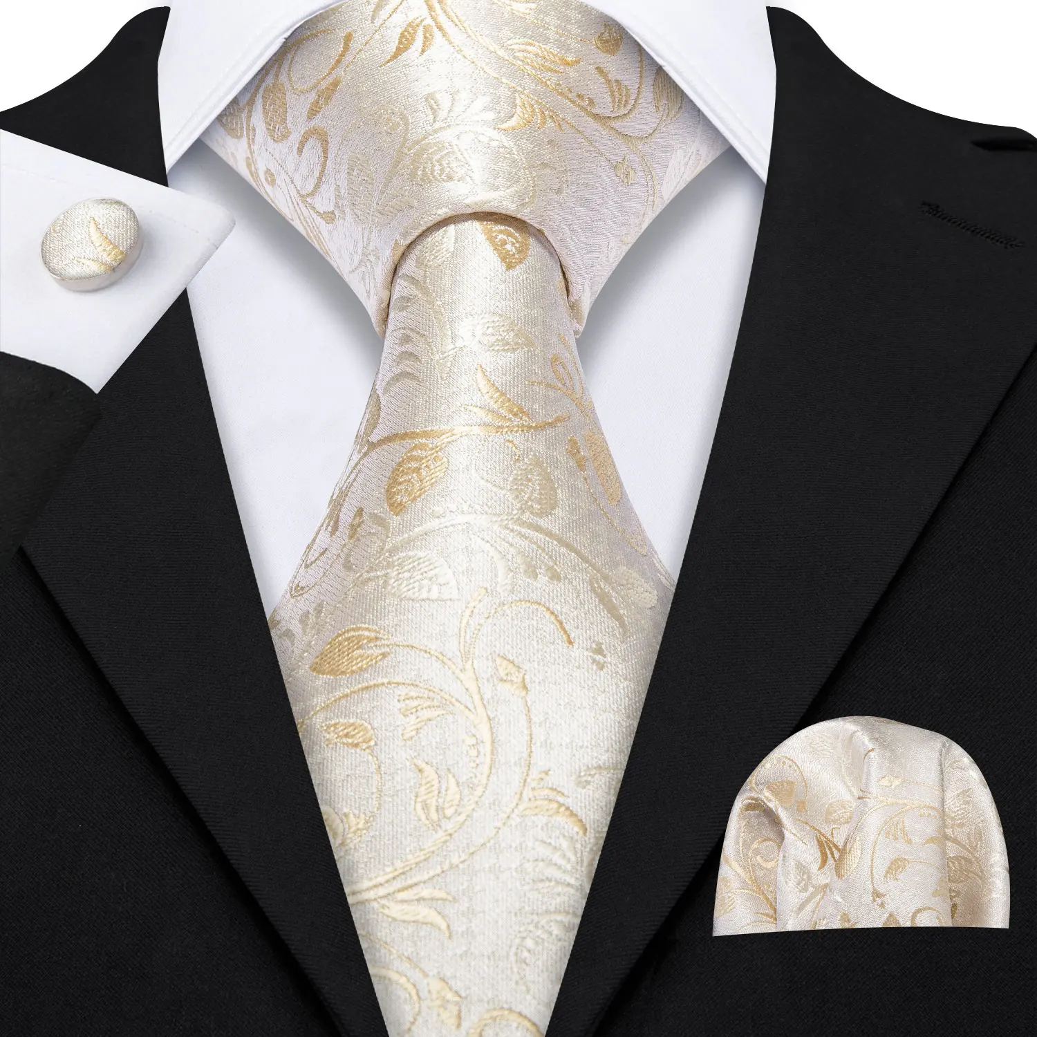 Men Luxury Champagne Necktie Set Including Pocket Square & Cufflinks Party Daily Outfit