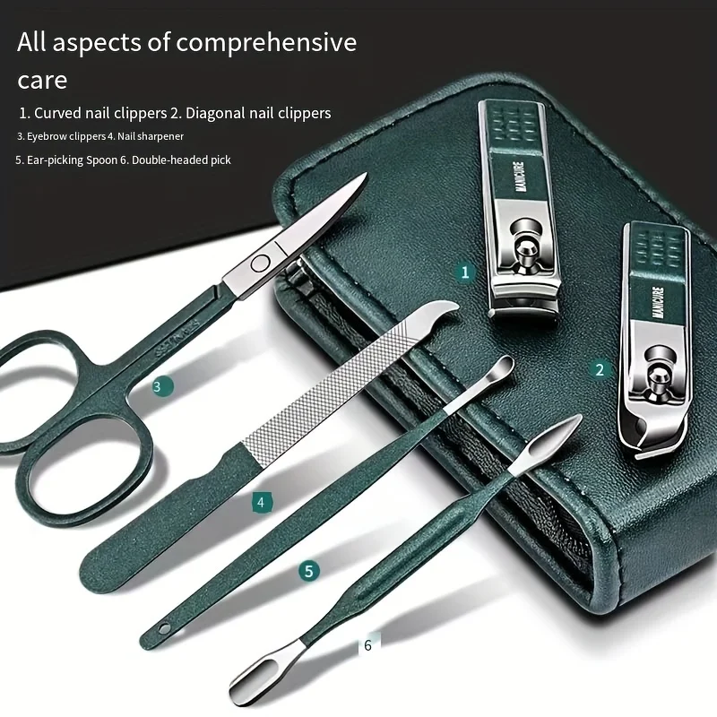 

Nail Clipper Set, 6PCS Manicure Kit with Ear Pick Spoon, Stainless Steel Nail Care Tools for Travel Grooming Gift for Men Women