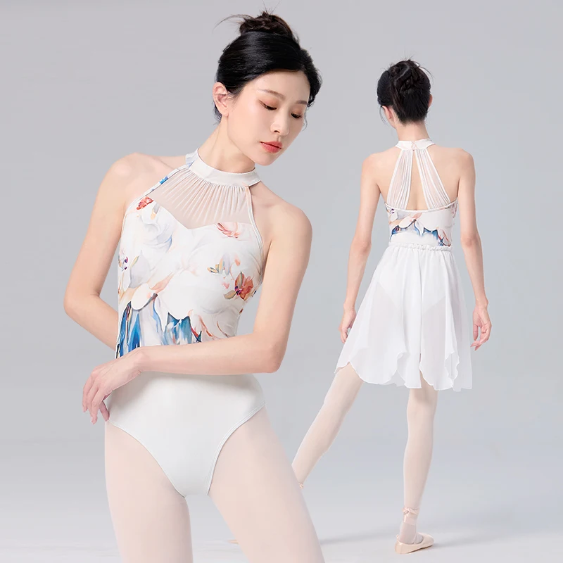 Women Stand Collar Ballet Leotards Sleeveless White Gymnastics Bodysuits Adult Teen Mesh Splicing Ballet Dance Leotards