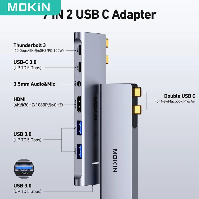 MOKiN USB C Adapter USB 3.0 PD 100W Thunderbolt 3 4K 30hz HDMI Audio USB Splitter for MacBook Pro/Air M1 M2 PC Accessories