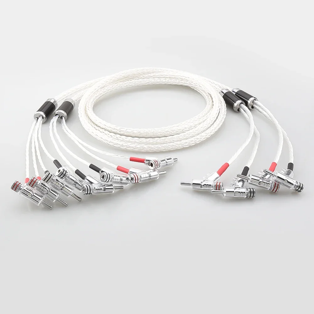 HiFi 8AG 16 Strands Silver Plated OCC Biwire Speaker Cable with 2 Banana to 4 banana Plug Audiophile Amplifier loudspeaker cable