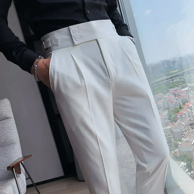 Men's Suit Pants British Style Solid Color High Waist Pants Men Formal Business Slim Fit Suit Pants Social Wedding Casual