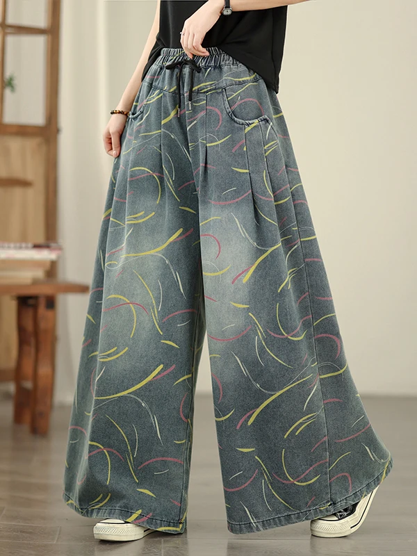 

Большие размеры, повседневные широкие джинсы с высокой талией, женские весенние 2026, свободные утягивающие брюки прямого кроя с принтом