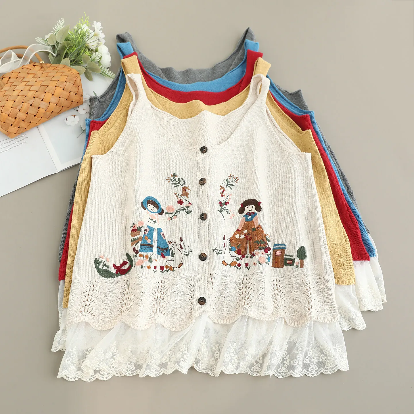 

Mori Kei Japanese Style Cartoon Embroider Red Yellow Knitted Camisole Women Sweater Vest Sleeveless Cardigan
