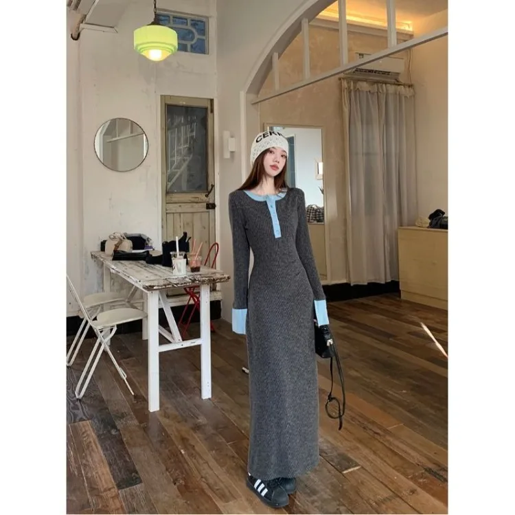 Korejepo Niche Contrasting Color Dresses Splicing Long Sleeved Dress Women Clothing Slim Knitted Hip Wrap Temperament Vestido