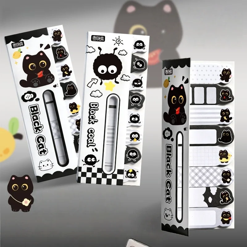 

120 Sheets Sticky Notes Aesthetic Cartoon Black Cat for Student Rewards Learning Supplies Sticky Index Tabs
