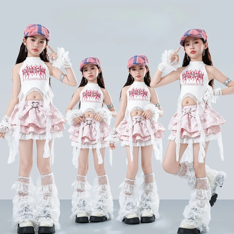 Hip Hop Girls Crop Top ‌princess Layered Skirt‌ Kids K-pop Streetwear Street Dance Costume Children Jazz Girl Group Clothes Sets