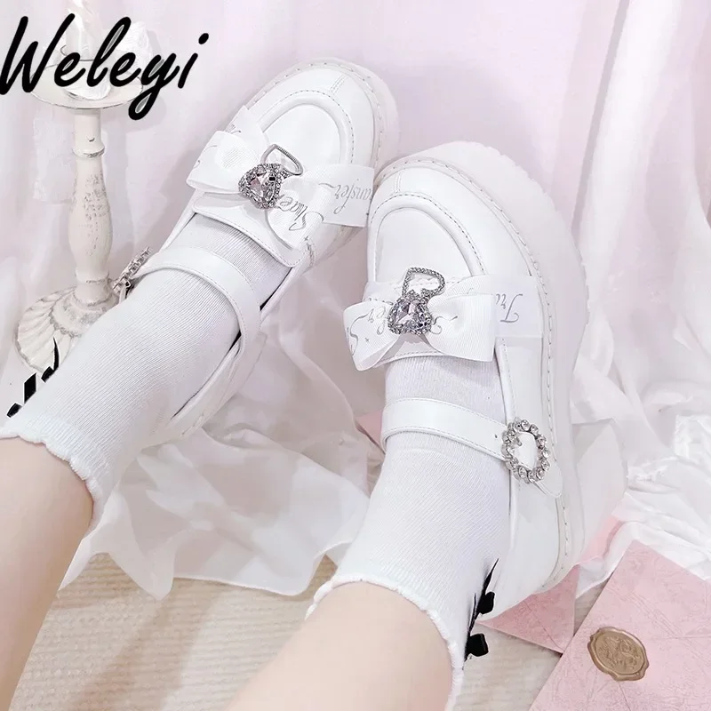 Sapatos de Muffin de Sola Grossa para Mulheres, Arco Rosa, Salto Alto, Mina Produzida em Massa Lolita, Subcultura Original, Kawaii, Menina Doce, Estilo Japonês