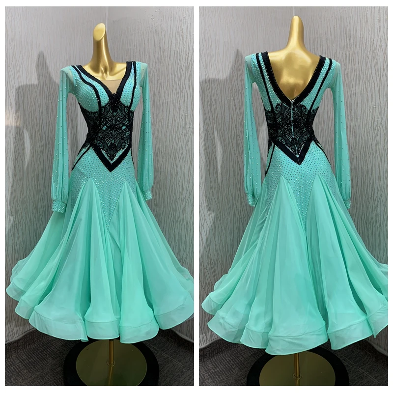 

ballroom dance competition dress Standard Dance Dress green Costume ballroom dancing dresses balroom dancewear Long Sleeve